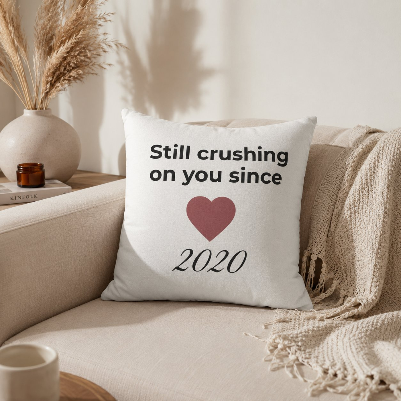 Personalised still crushing on you pillow cover – lifestyle mockup on cozy sofa with throws – Valentine's Day gift