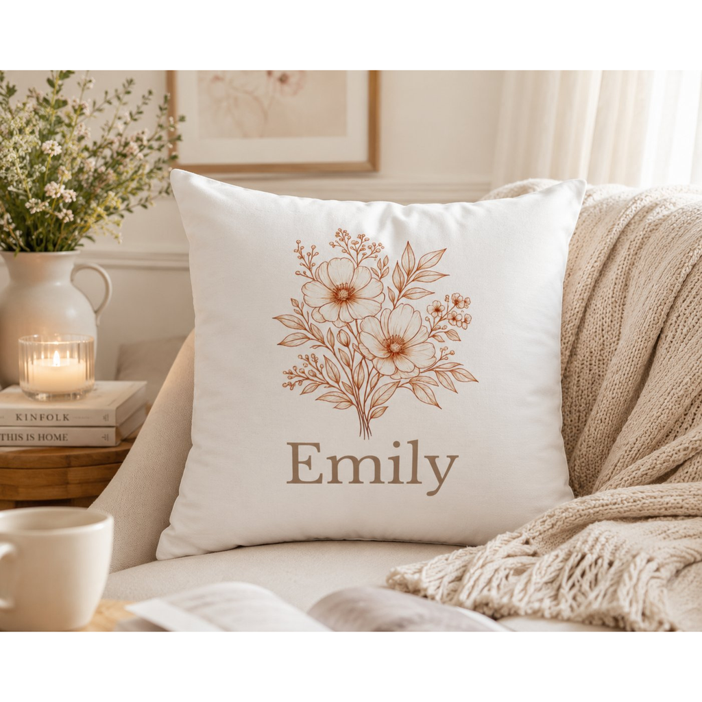 Personalised botanical name pillow cover – lifestyle mockup on sofa with candle and books – birthday gift for her
