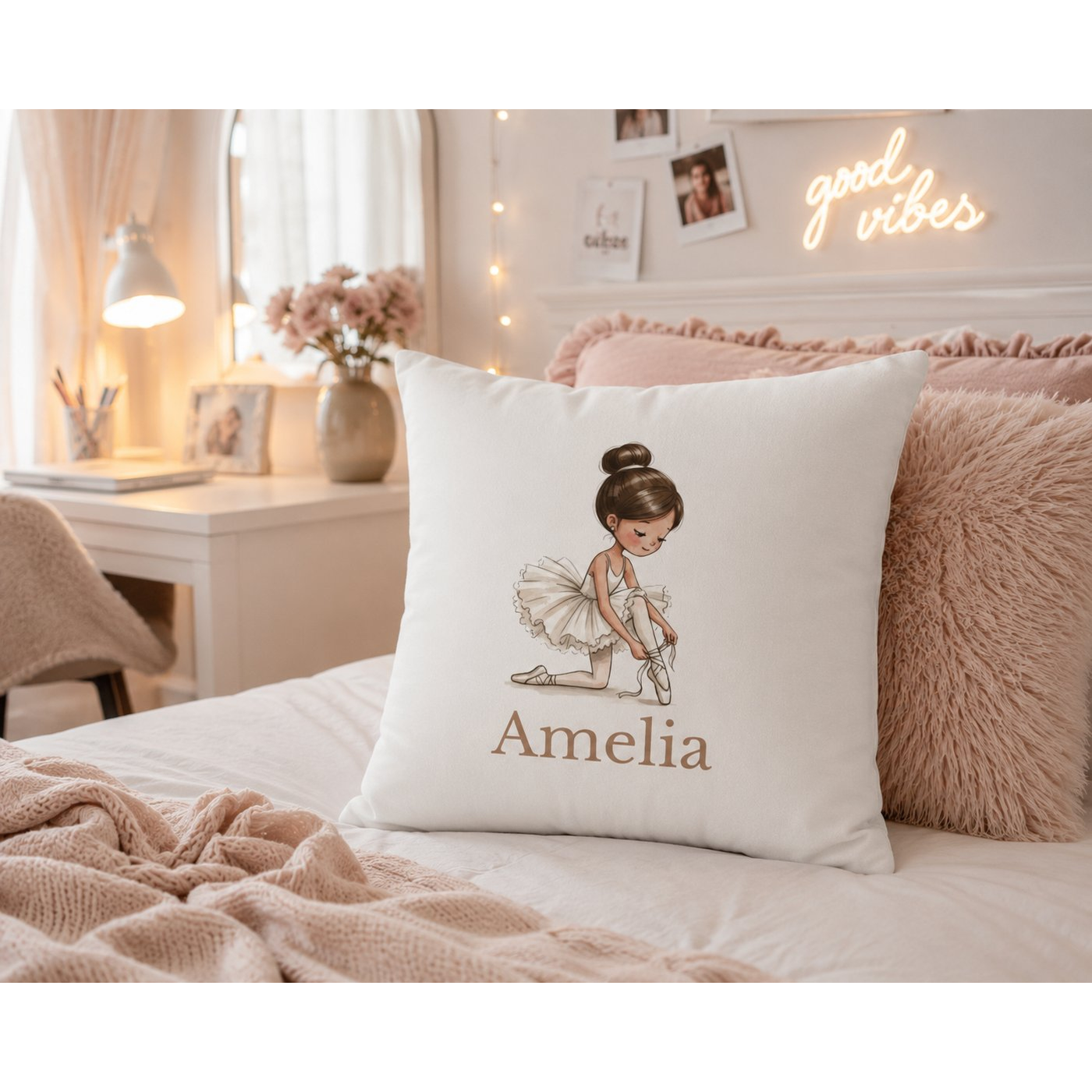 Personalised ballerina pillow cover – lifestyle mockup on girls bed with pink cushions and fairy lights