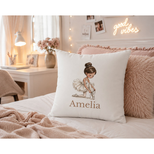 Personalised ballerina pillow cover – lifestyle mockup on girls bed with pink cushions and fairy lights