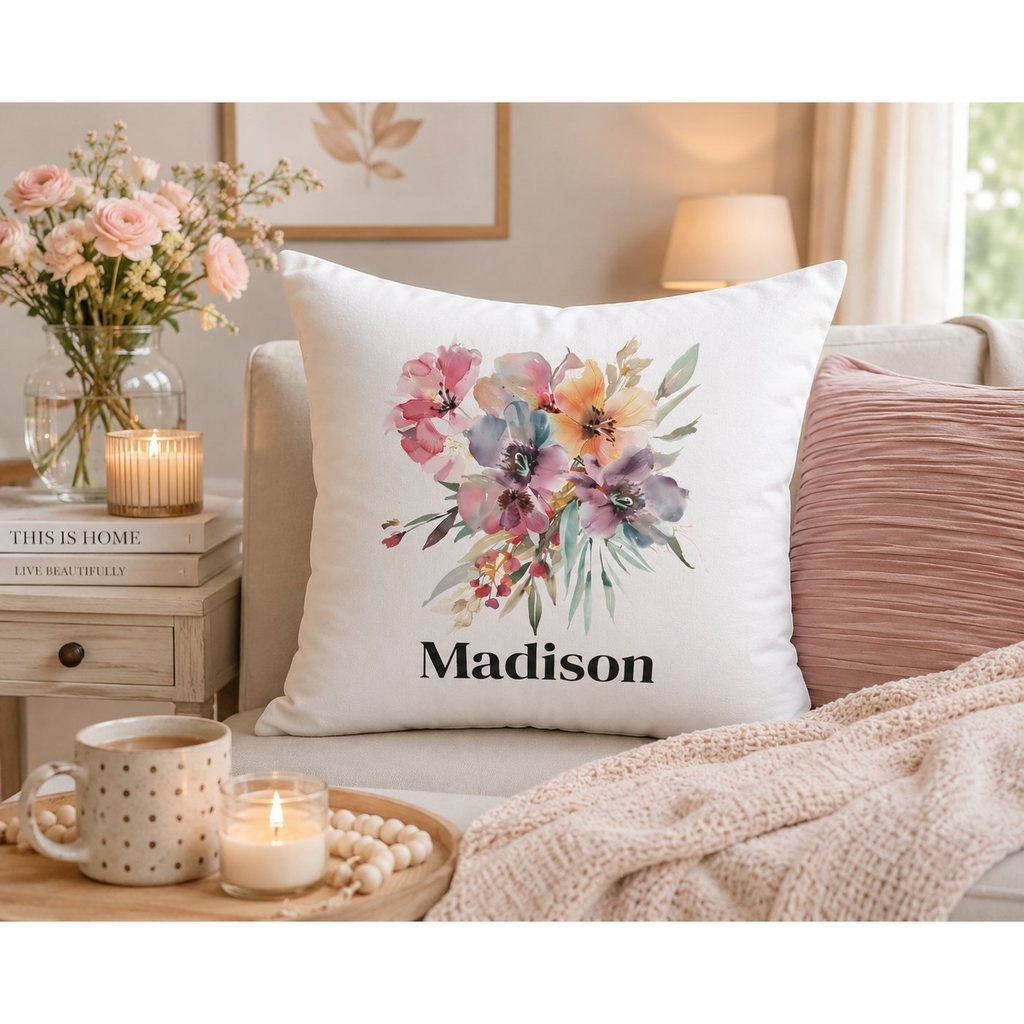 Personalised watercolour floral pillow cover – lifestyle mockup on sofa with pink roses and candles – gift for her