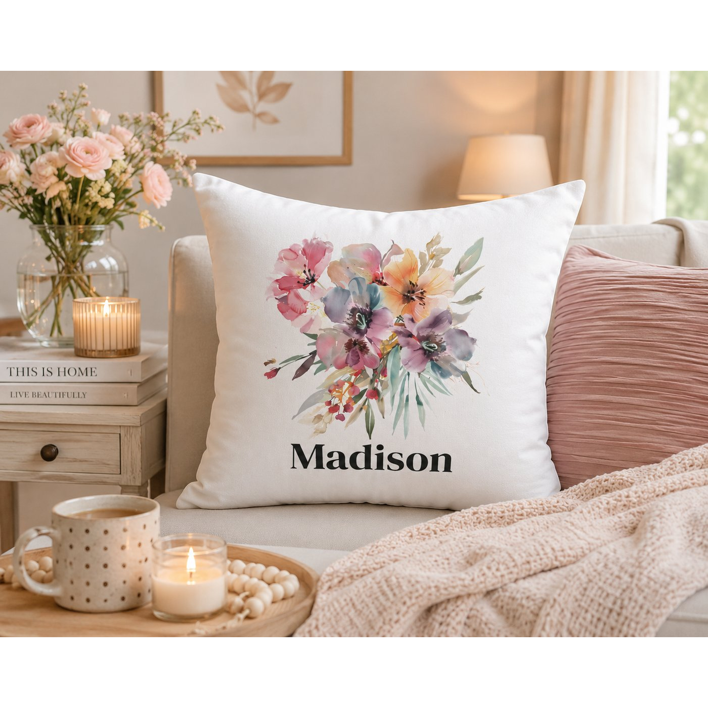 Personalised watercolour floral pillow cover – lifestyle mockup on sofa with pink roses and candles – gift for her