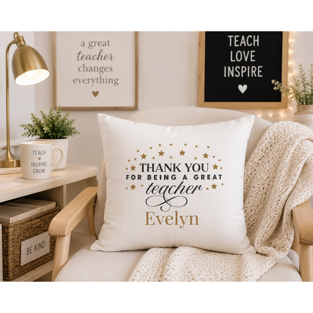 Personalised thank you teacher pillow cover – lifestyle mockup on armchair with lamp – Teacher Appreciation Day gift