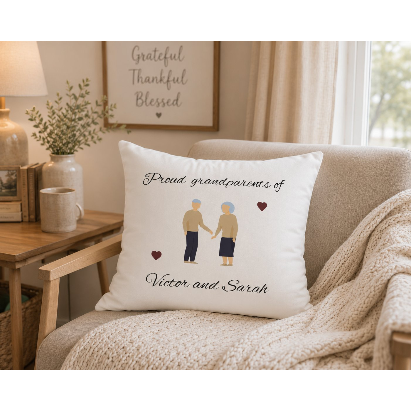 Personalised proud grandparents pillow cover – lifestyle mockup on armchair with warm home setting – Grandparents Day gift