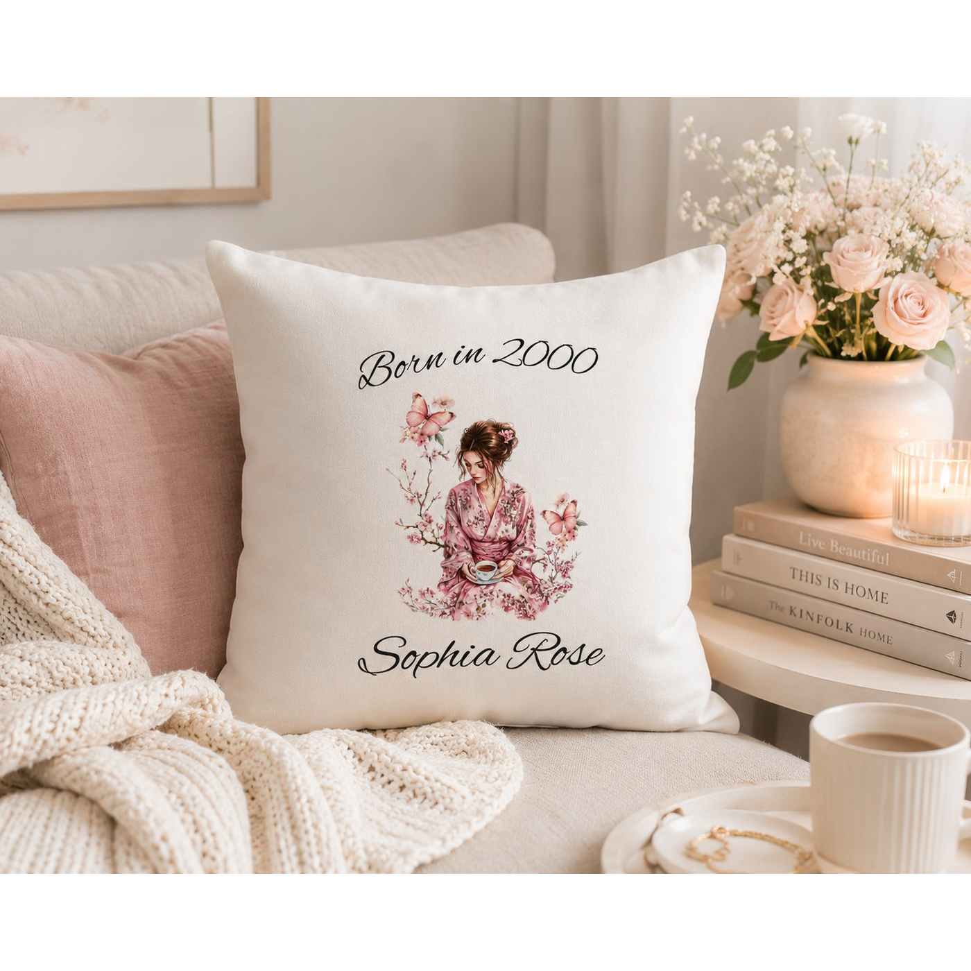Personalised born in year pillow cover for her – lifestyle mockup on sofa with pink roses – milestone birthday gift